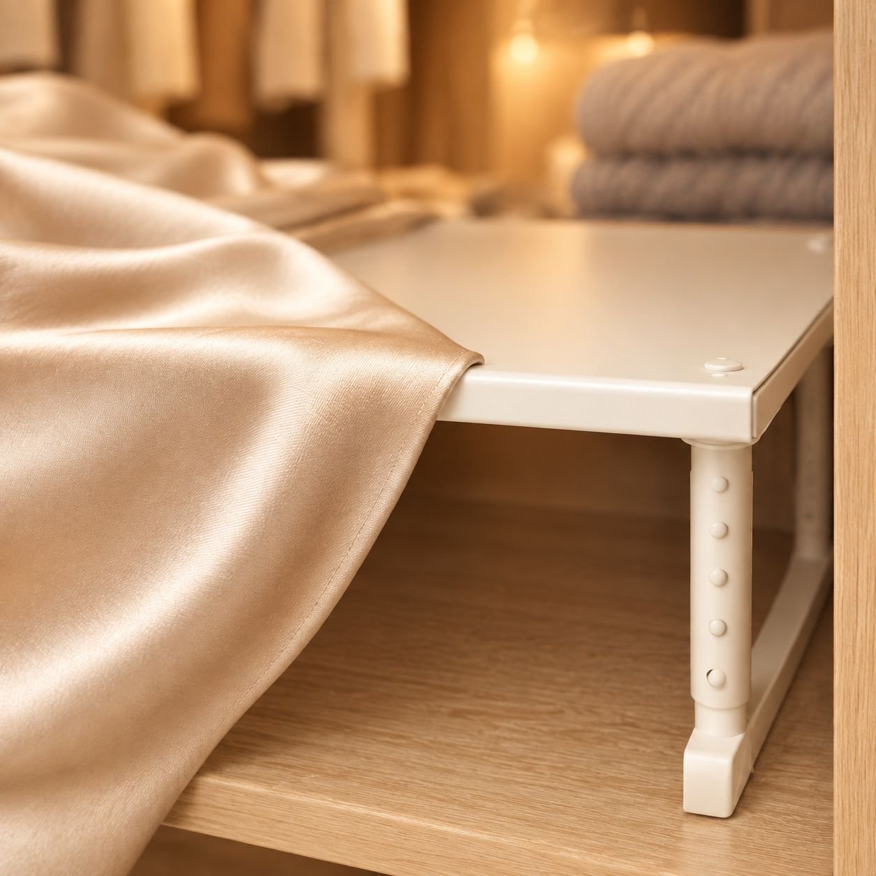 Open wardrobe cabinet showing adjustable shelves