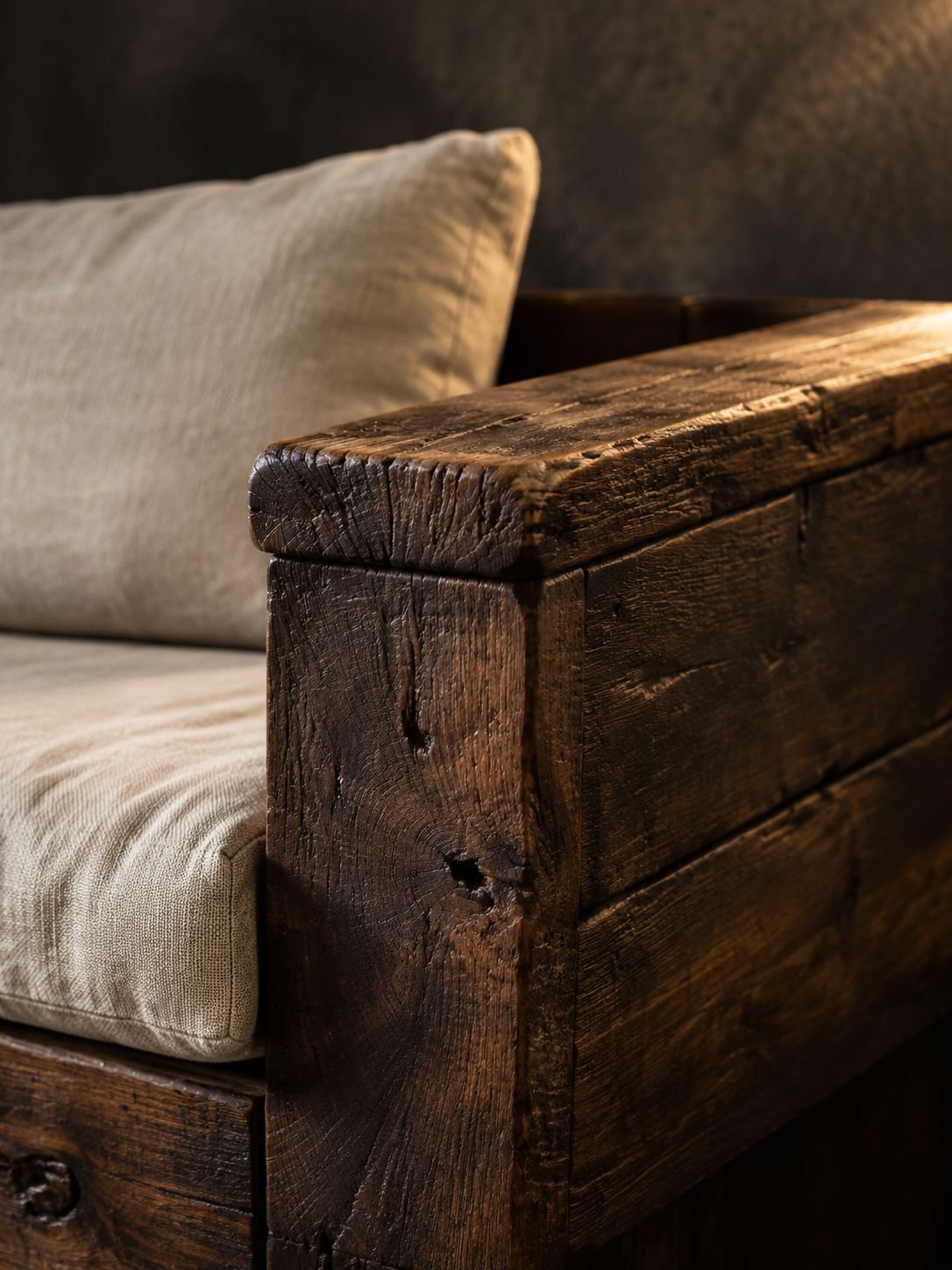 Massivholzsofa im Wabi-Sabi-Stil mit Antik-Finish und Schubladen-Stauraum