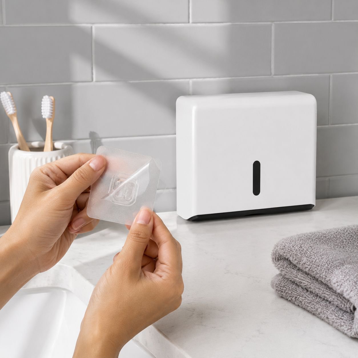 Easy installation of adhesive wall mounted tissue holder