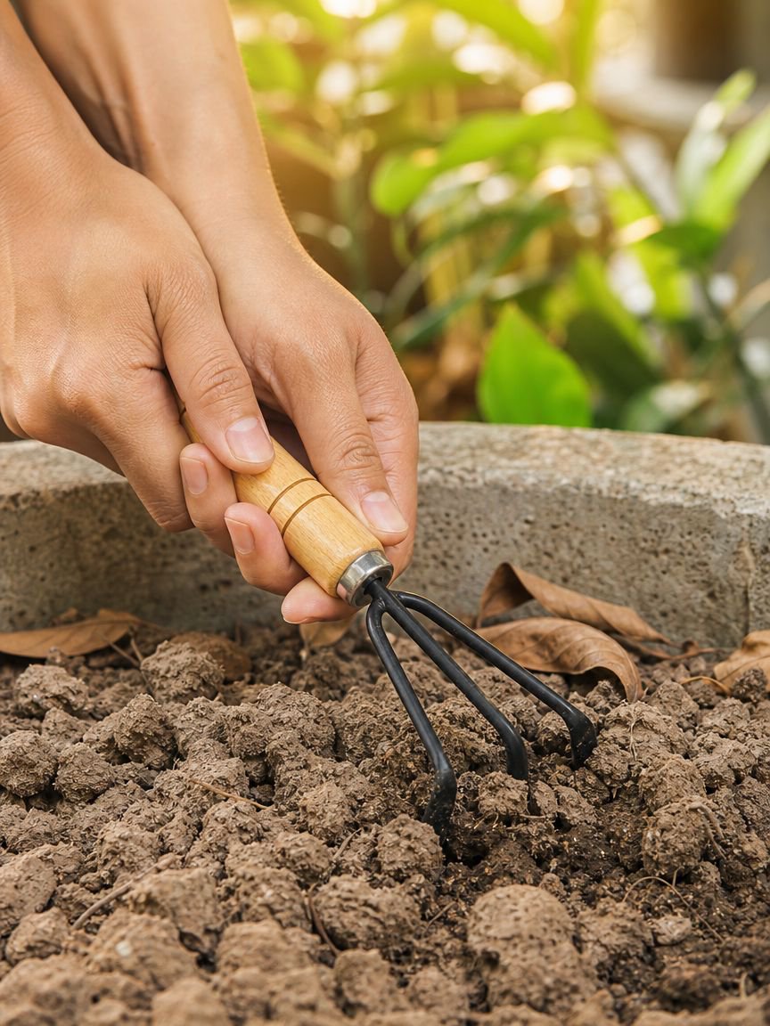 Ergonomic handle garden trowel for potted plants
