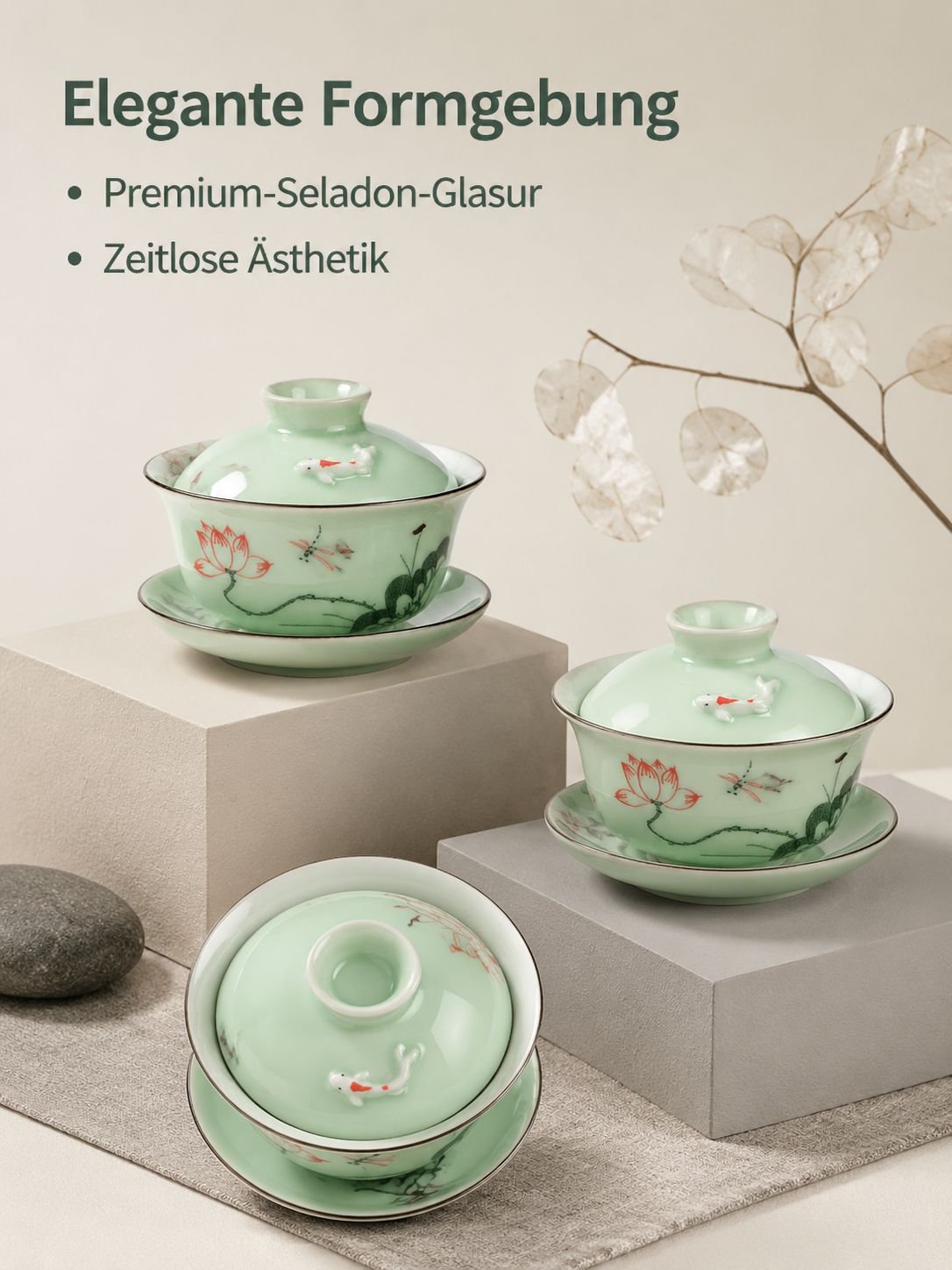 Celadon Teeschale mit Deckel aus Keramik