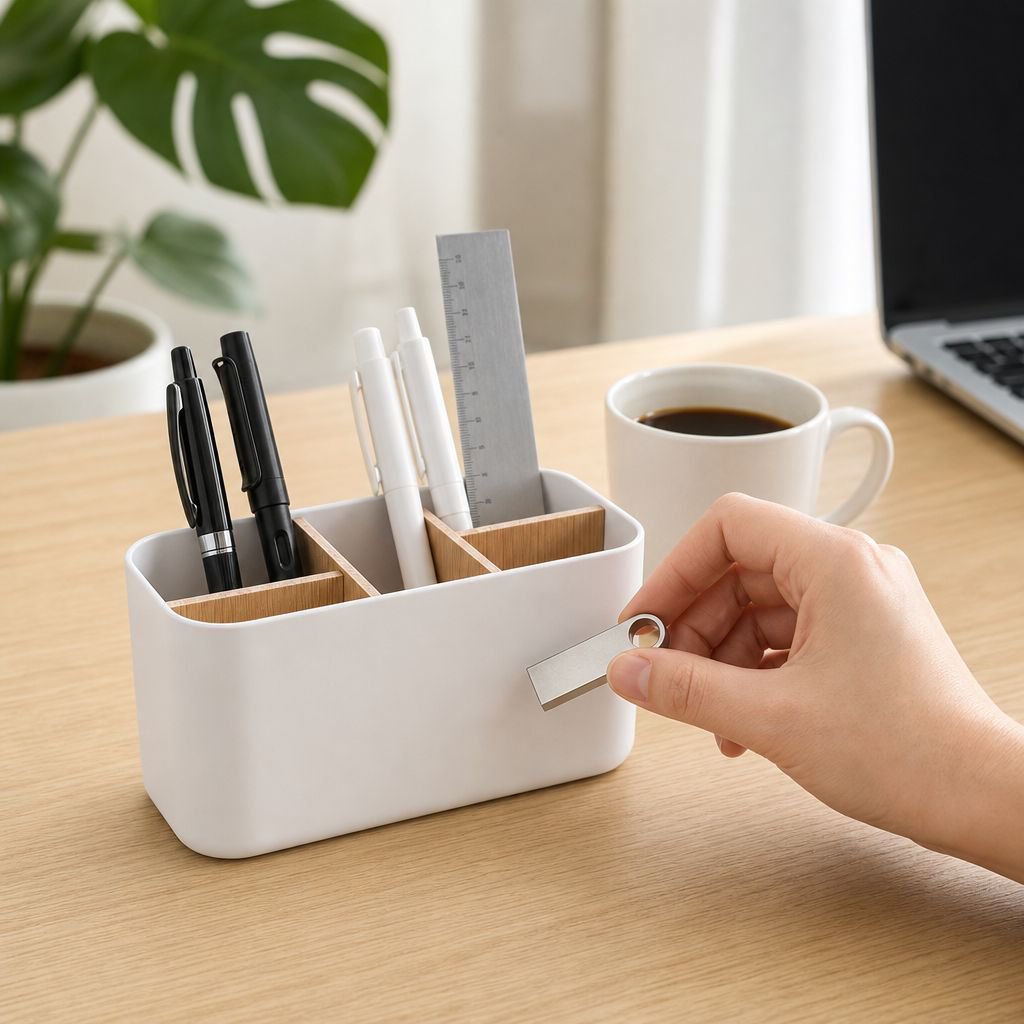 Bamboo Desktop Compartment Organizer Box on office desk