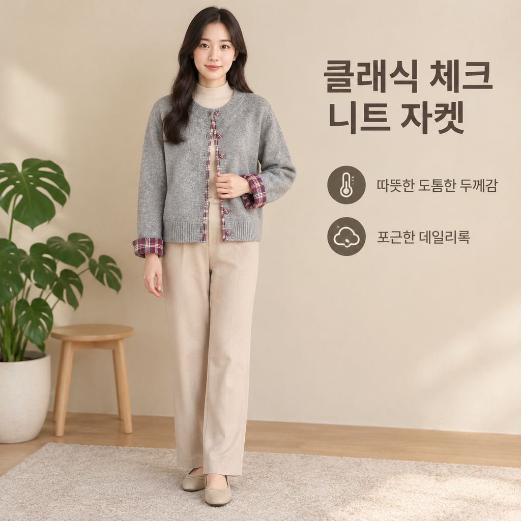 여성용 컬러블록 체크 니트 재킷 (가을/겨울)