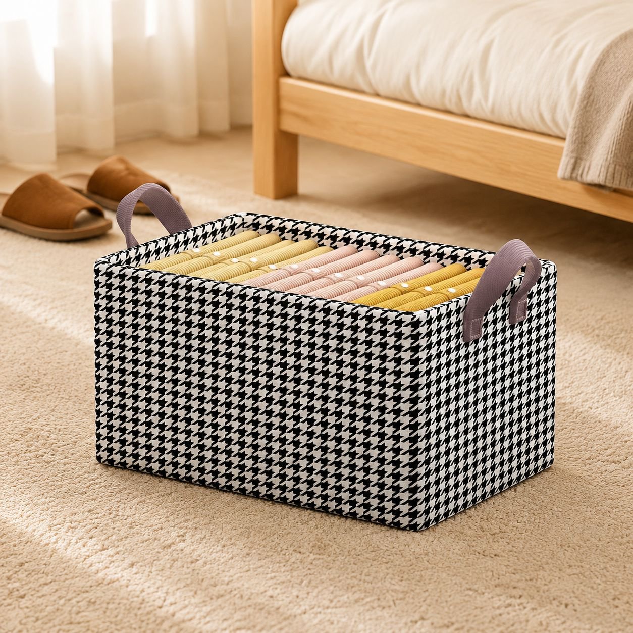 Houndstooth Pattern Steel Foldable Clothes Organizer Box with Handle, Suitable for Pants