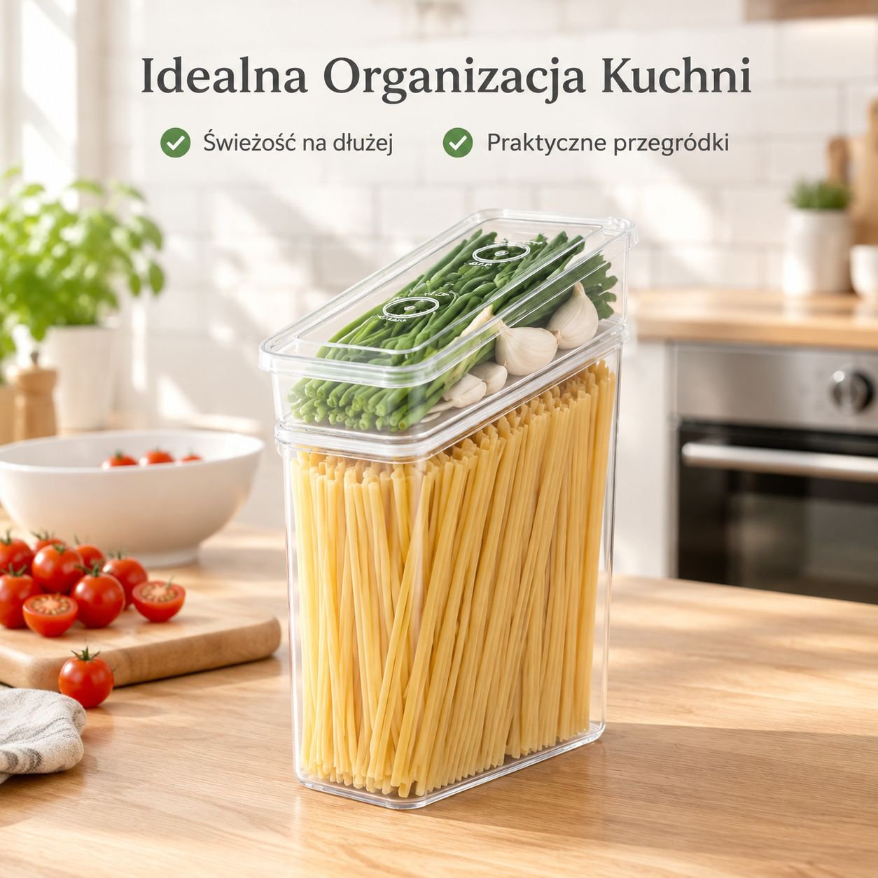 Pojemnik na makaron z przegródkami na szczypior, imbir i czosnek