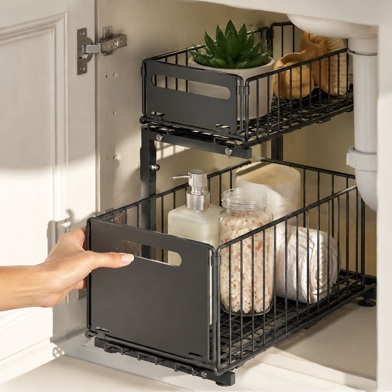 Foldable pull-out basket under the sink in the cabinet to store spice drawers, pull-out cabinet laye