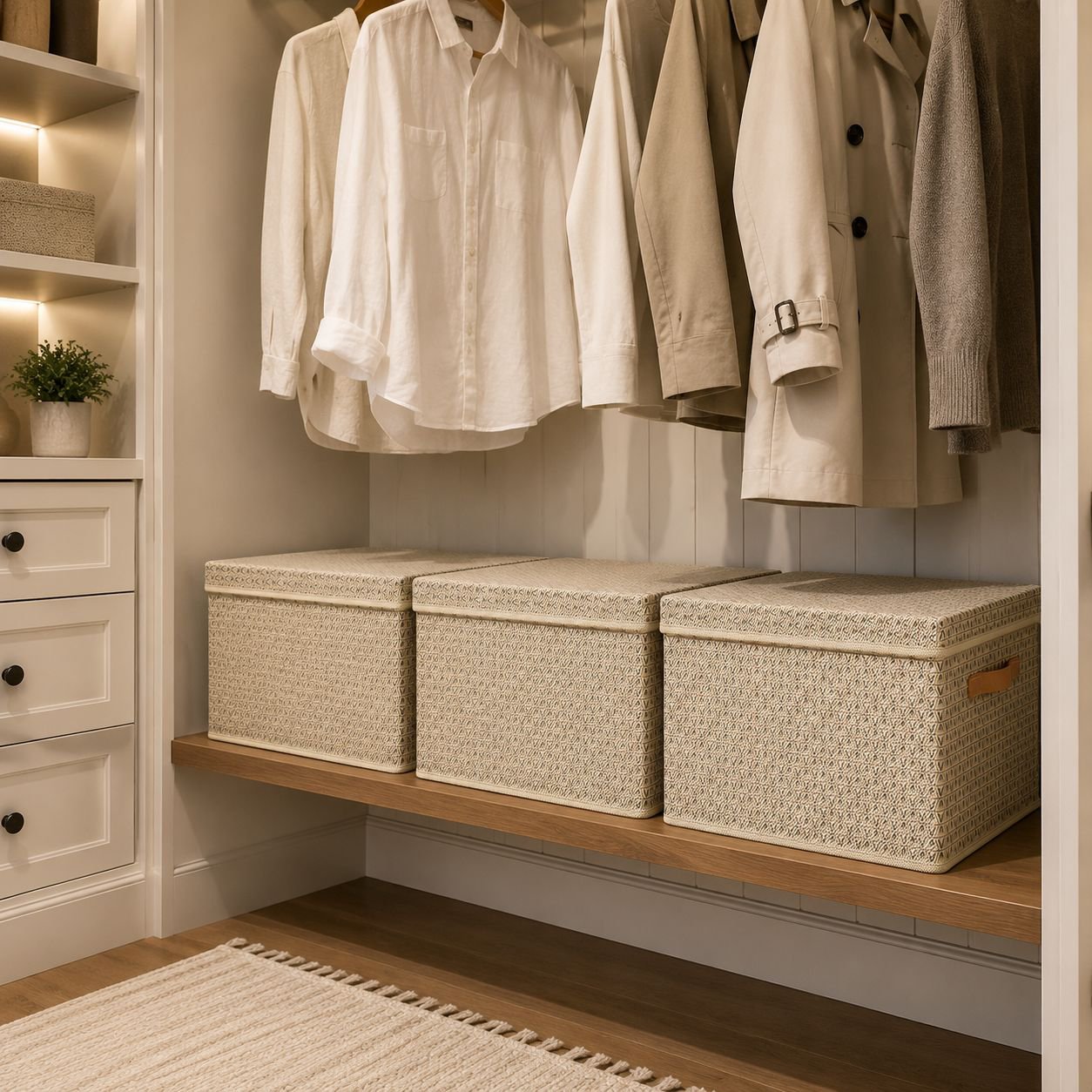 Convenient Clothes Organizer Box with Baskets in modern closet