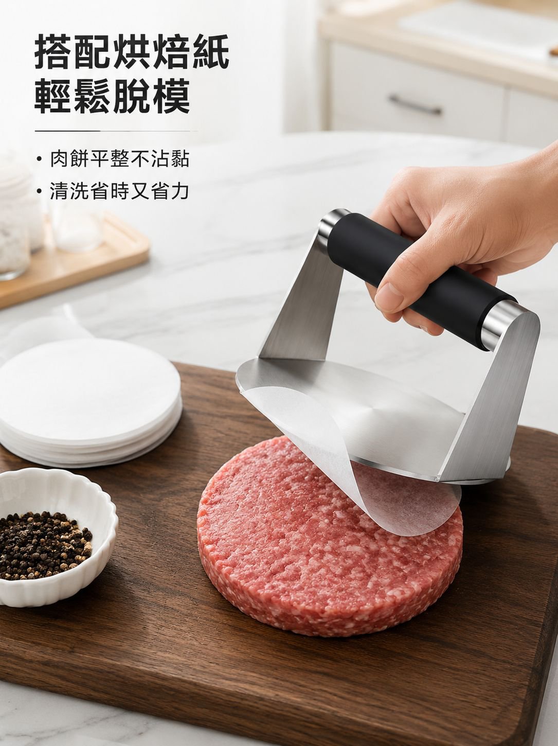 不銹鋼圓形漢堡壓肉器手動矽膠柄壓餅器