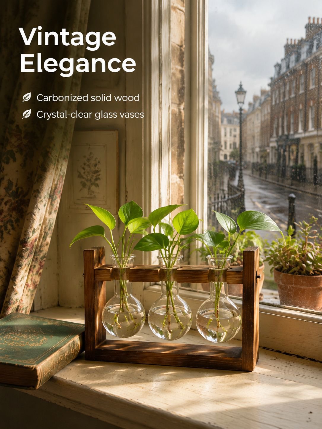 Glass bottle hydroponic greenery ornament on wooden stand