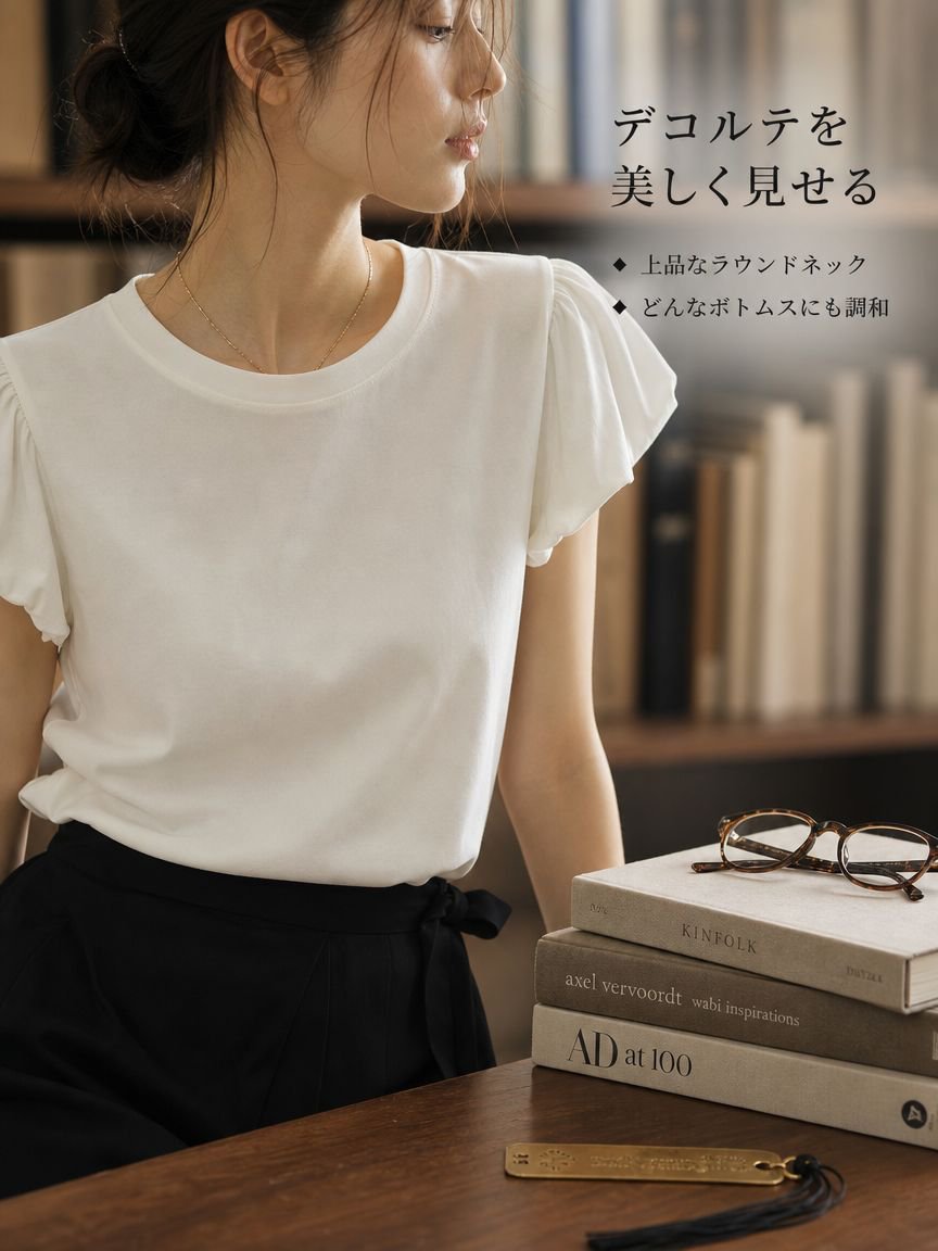 フレンチスタイルのパフスリーブラウンドネックTシャツ（レディース）、新作サマーデザイン、ユニークで洗練された、スリムに見えるトップス。