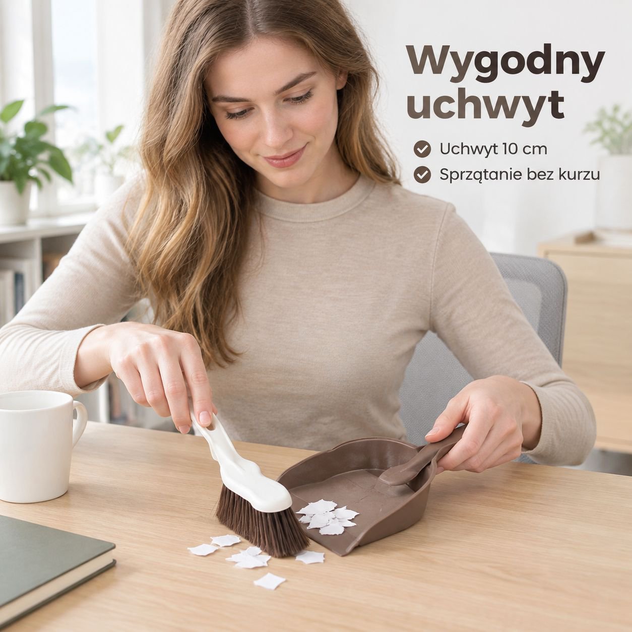 Miniaturowy zestaw ręczny (szczotka z miękkim włosiem i szufelka) do stolików kawowych i biurek