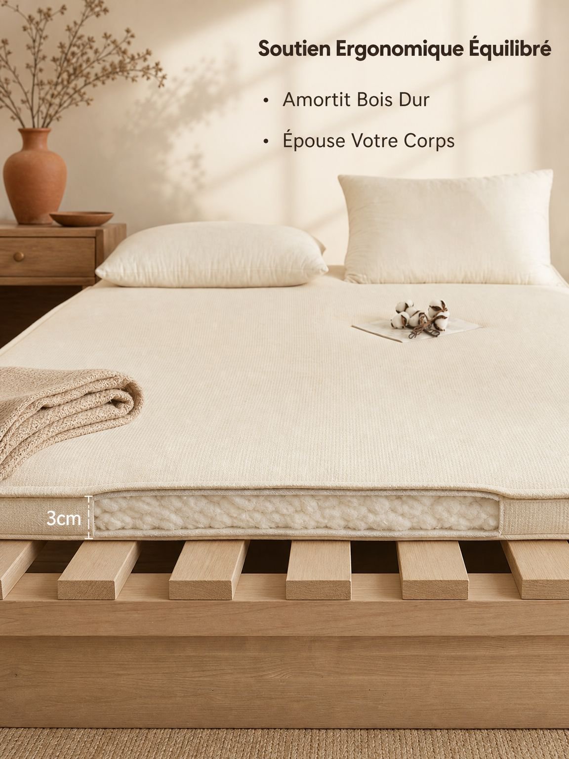 Surmatelas futon en coton du Xinjiang matelassé posé sur un lit simple de dortoir