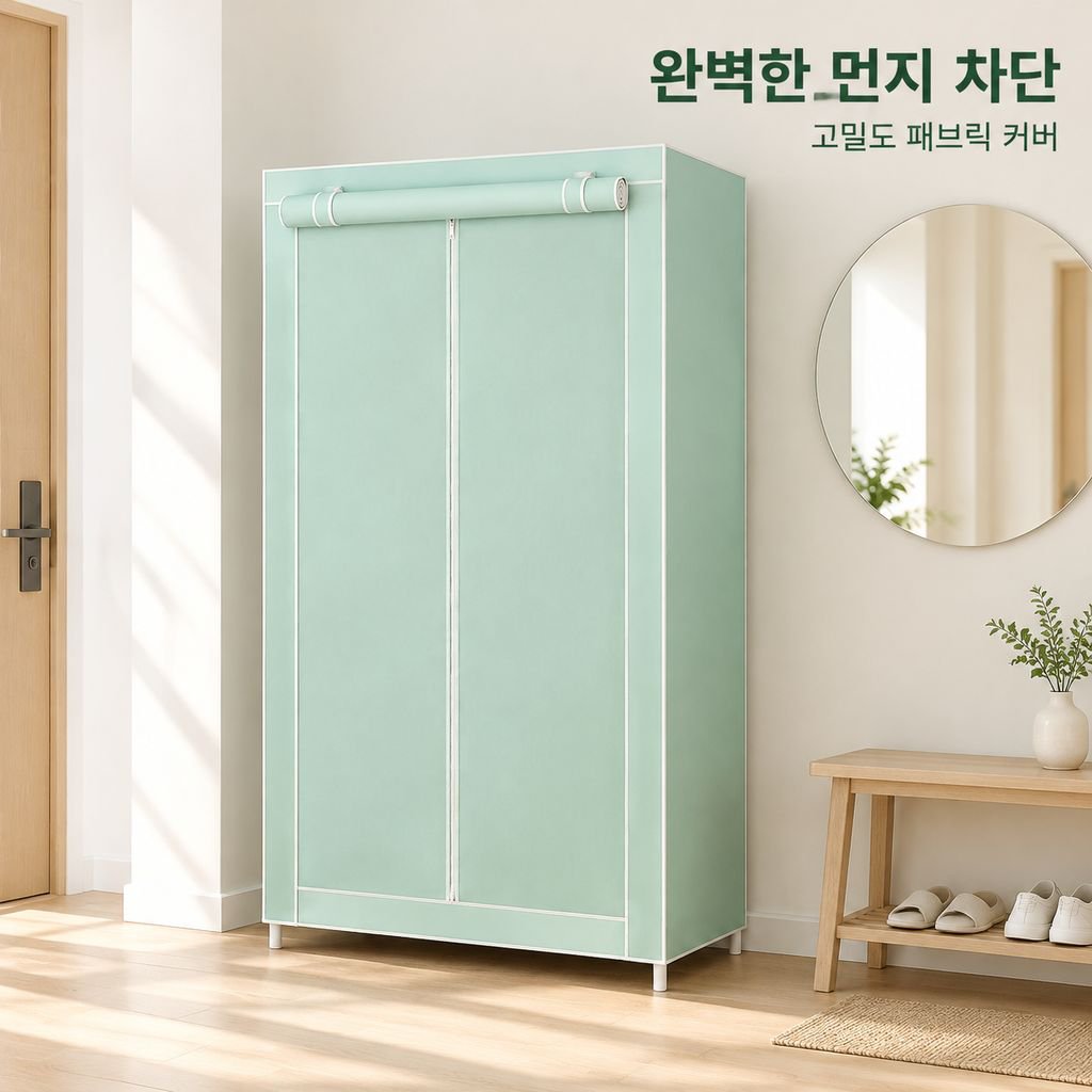 두껍고 보강된 강철 파이프를 사용한 1인용 패브릭 옷장.