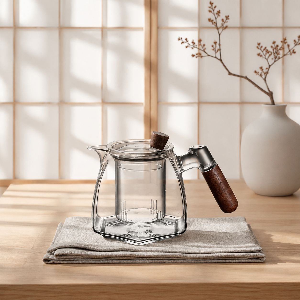 ガラスソリッドウッドハンドルほうじ茶器