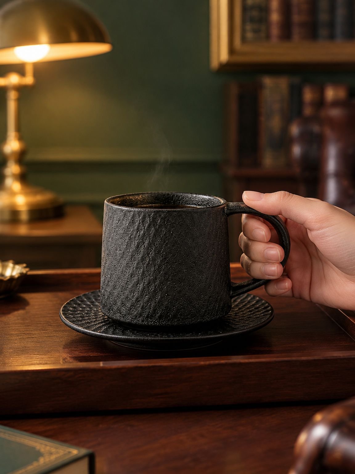Premium vintage-style stoneware coffee cup and saucer set