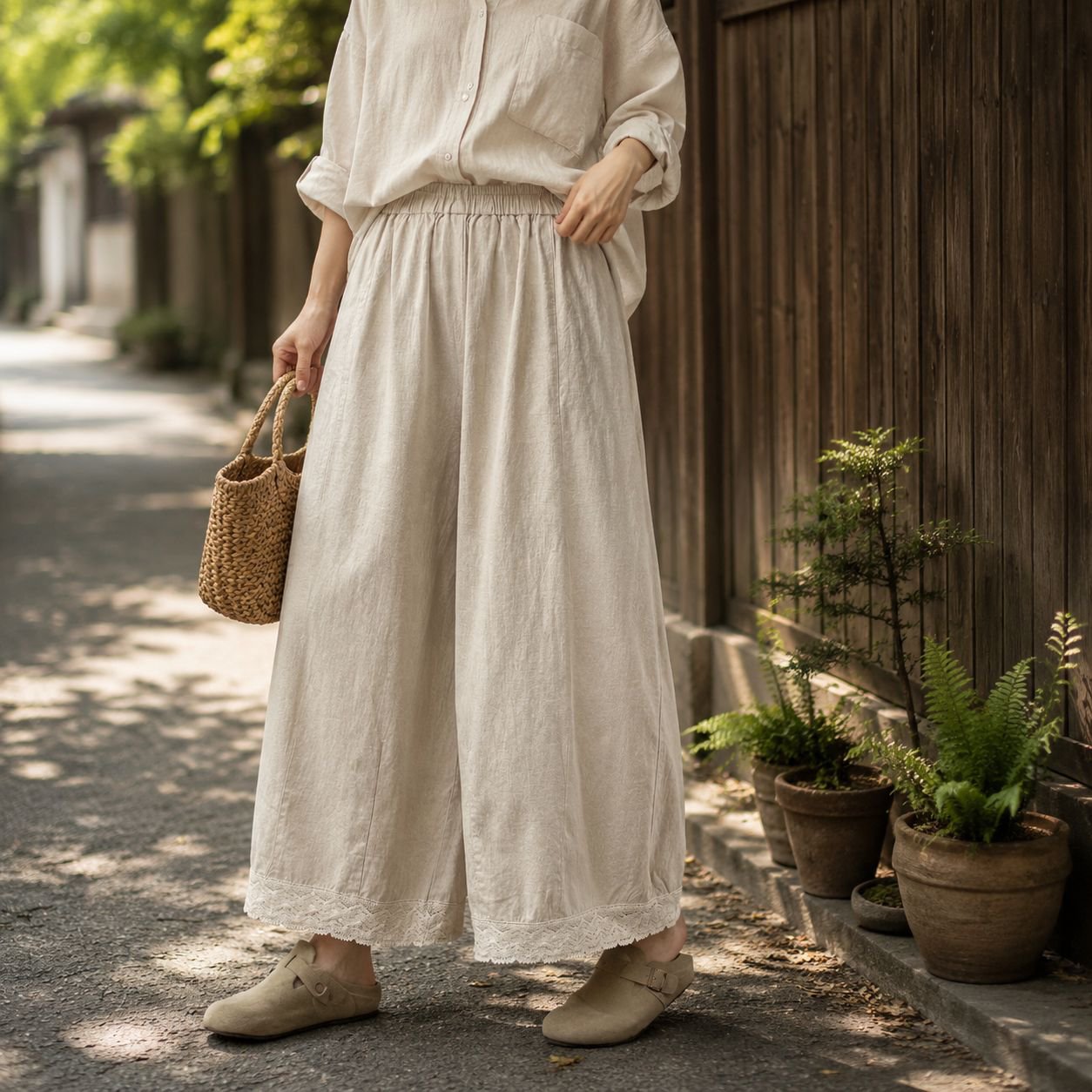 ゆったりレーストリムワイドパンツ レディース 夏用 コットンリネンストレートパンツ
