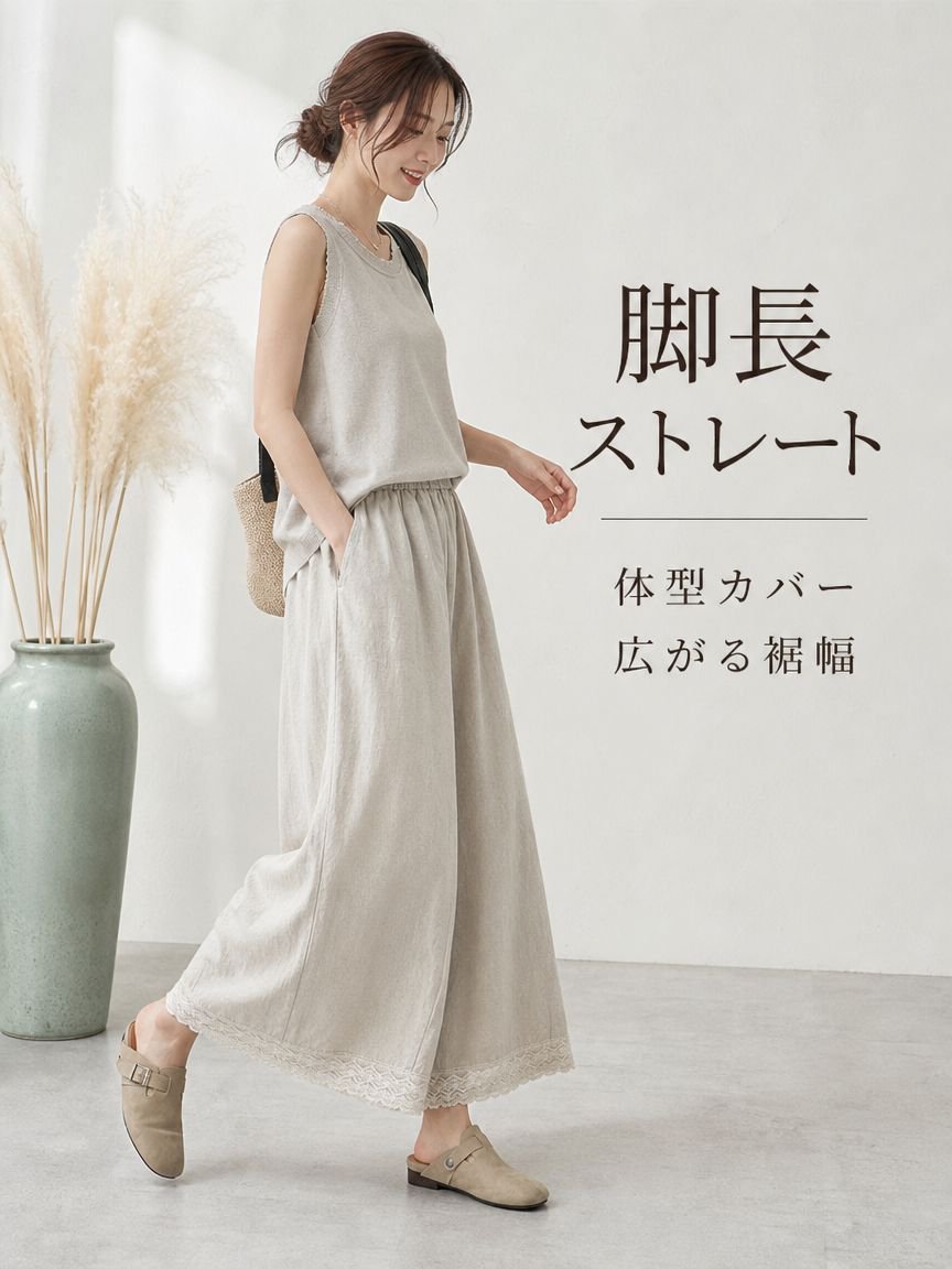 レディースのコットンリネン混紡ワイドレッグパンツ。夏の新作スタイルで、ゆったりとしたフィット感、着回し力抜群。裾にはレースのトリム、若々しいストレートレッグデザイン。