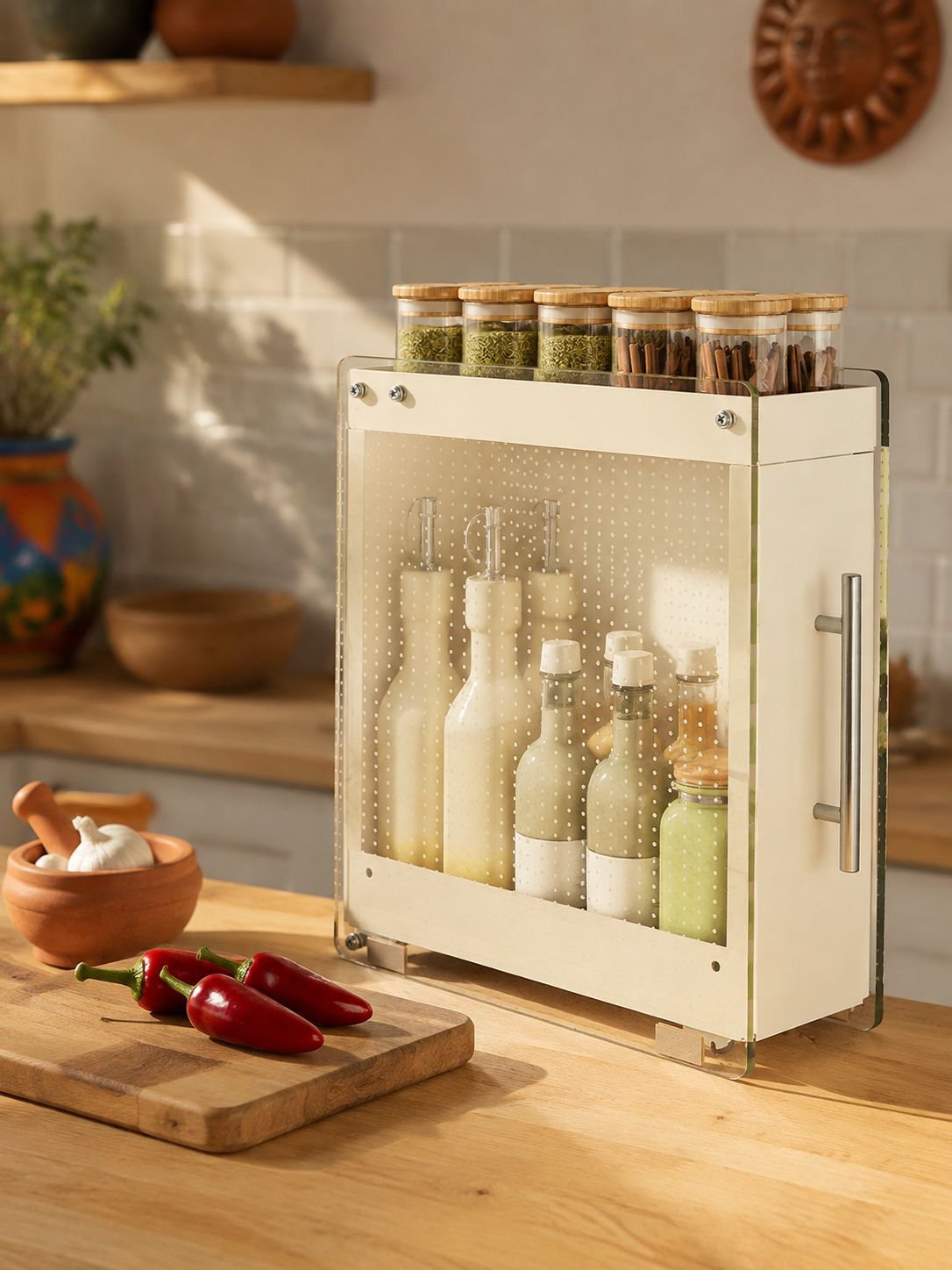 Estante de almacenamiento de especias extraíble instalado en cocina moderna