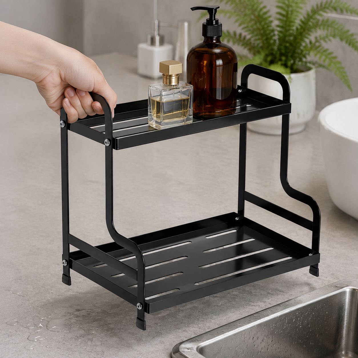 Wall-mounted organizer shelf with two tiers for bathroom
