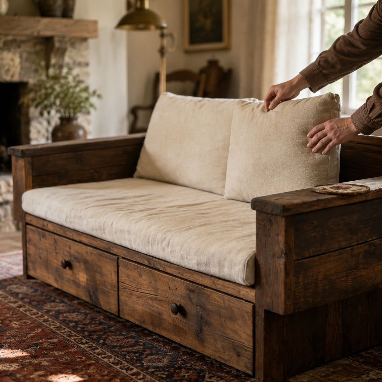 Distressed Solid Wood Storage Bench Sofa, Double Seating Linear Design