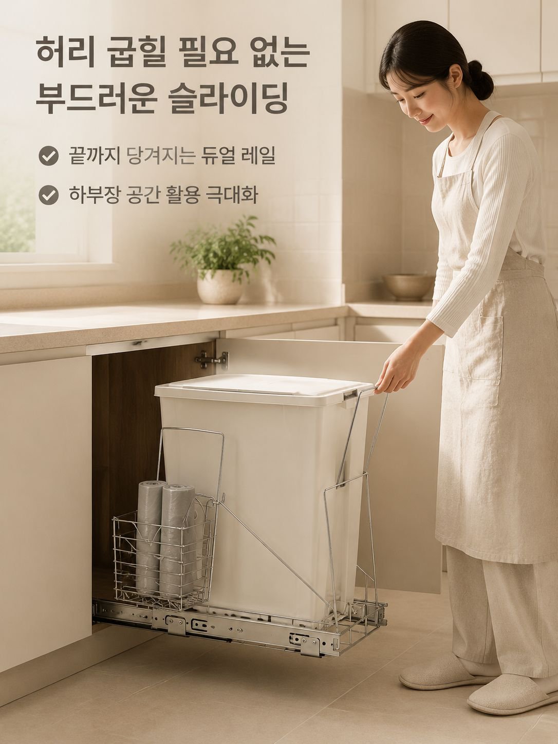 레일형 주방 캐비닛 하강식 쓰레기통 거치대