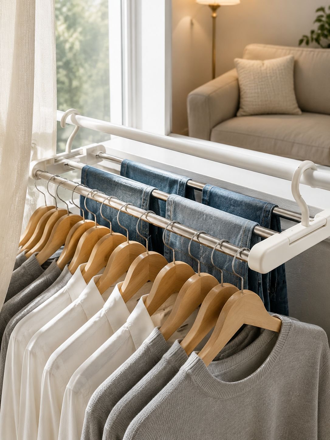 Rack multifuncional de secado de ropa JMY en uso