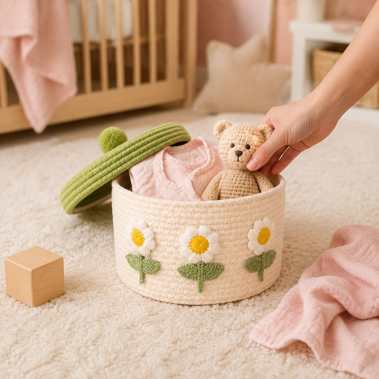 Home Cotton Woven Storage Basket with Lid