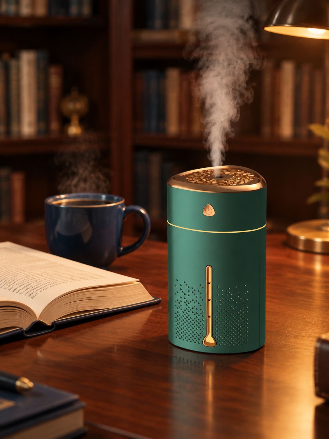 Humidificador colorido funcionando sobre un escritorio