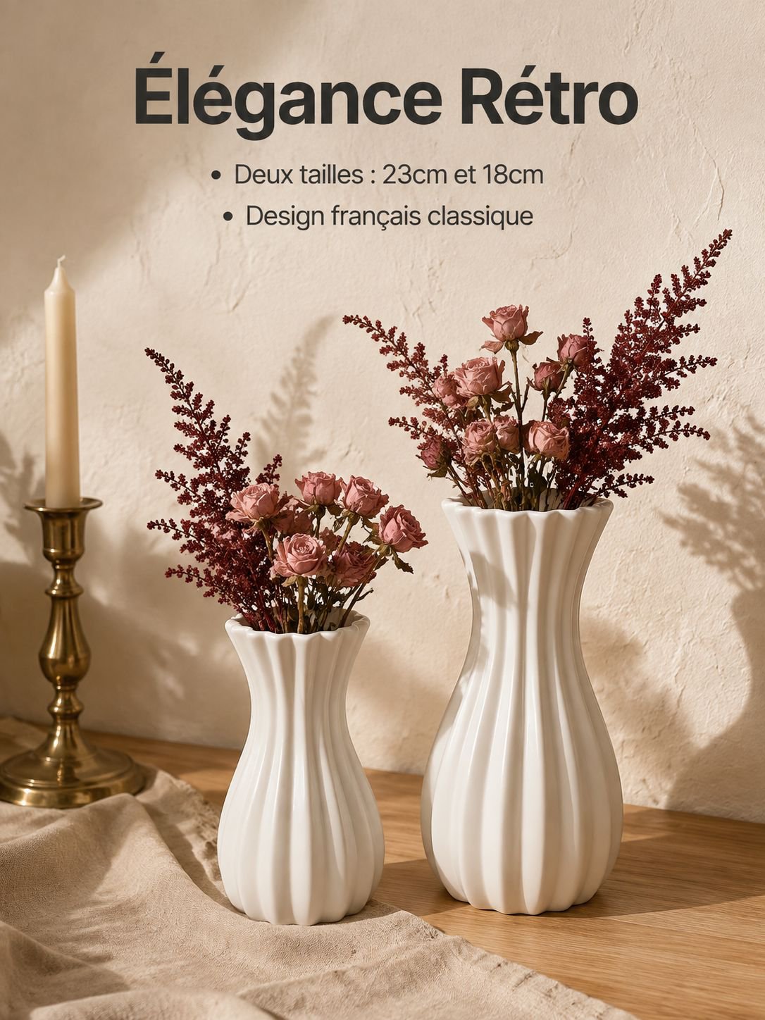 Vase sur pied en plastique style français avec fleurs artificielles rétro pour décoration intérieure