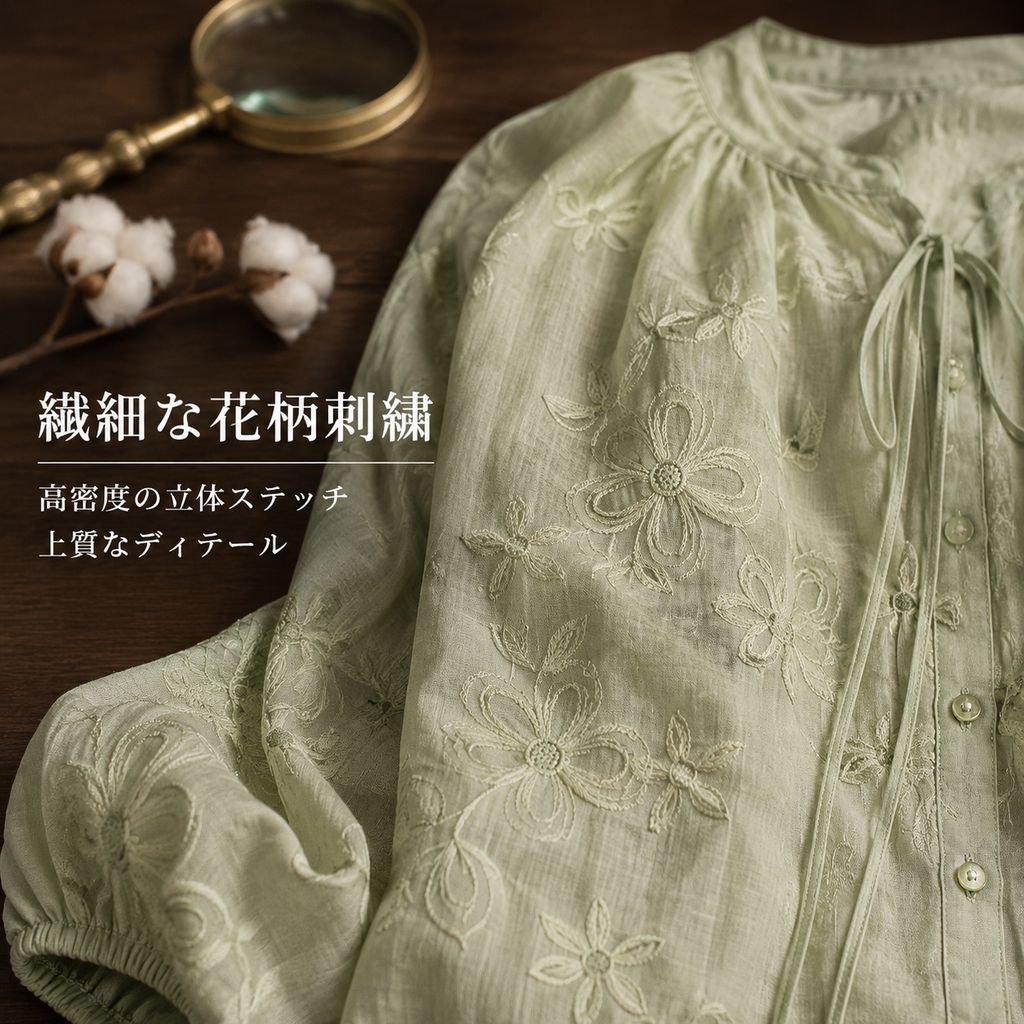 フレンチグリーン花柄刺繍バルーンスリーブトップス レディース
