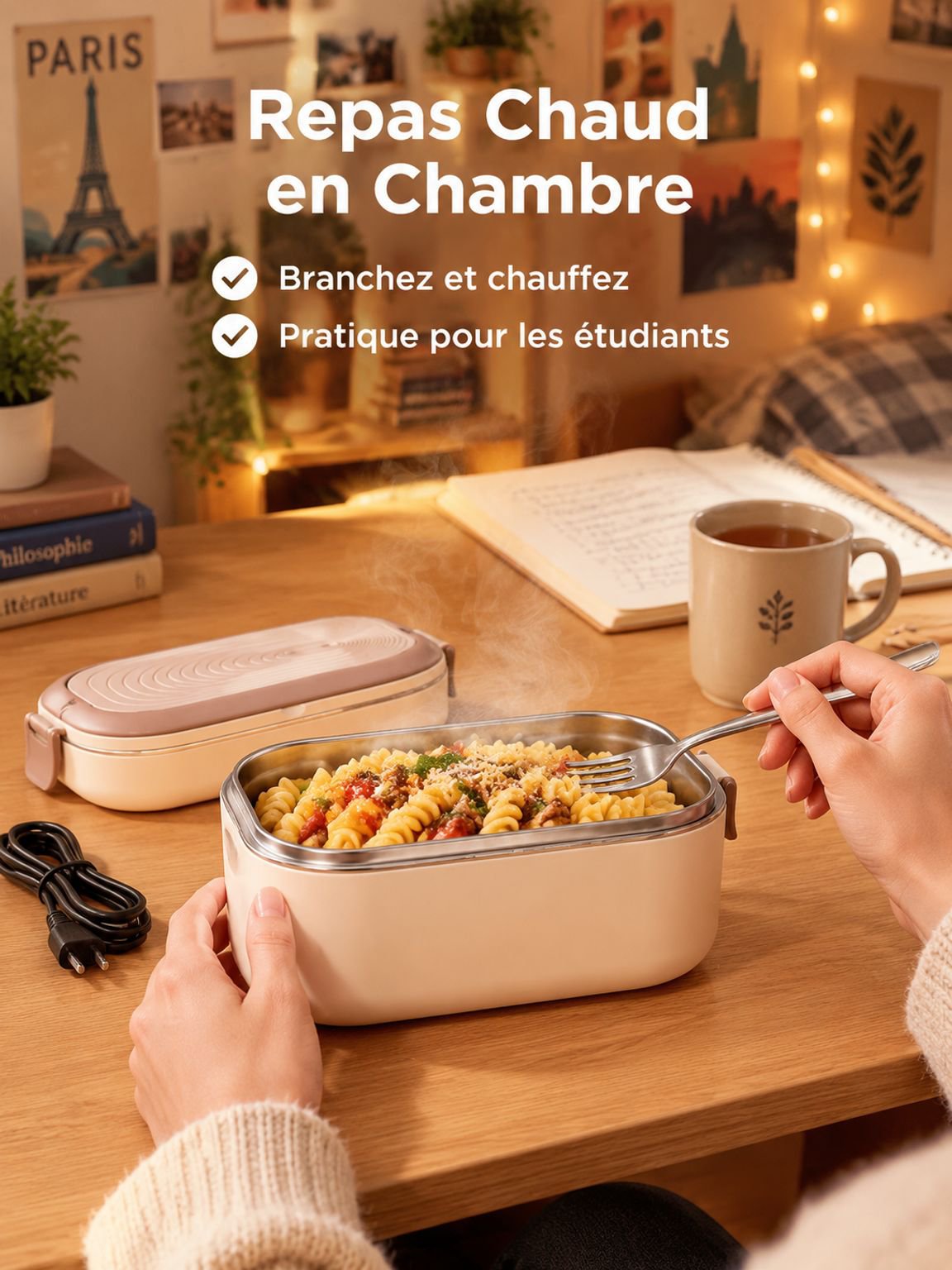 Utilisation de la boîte déjeuner chauffante sur un bureau au travail