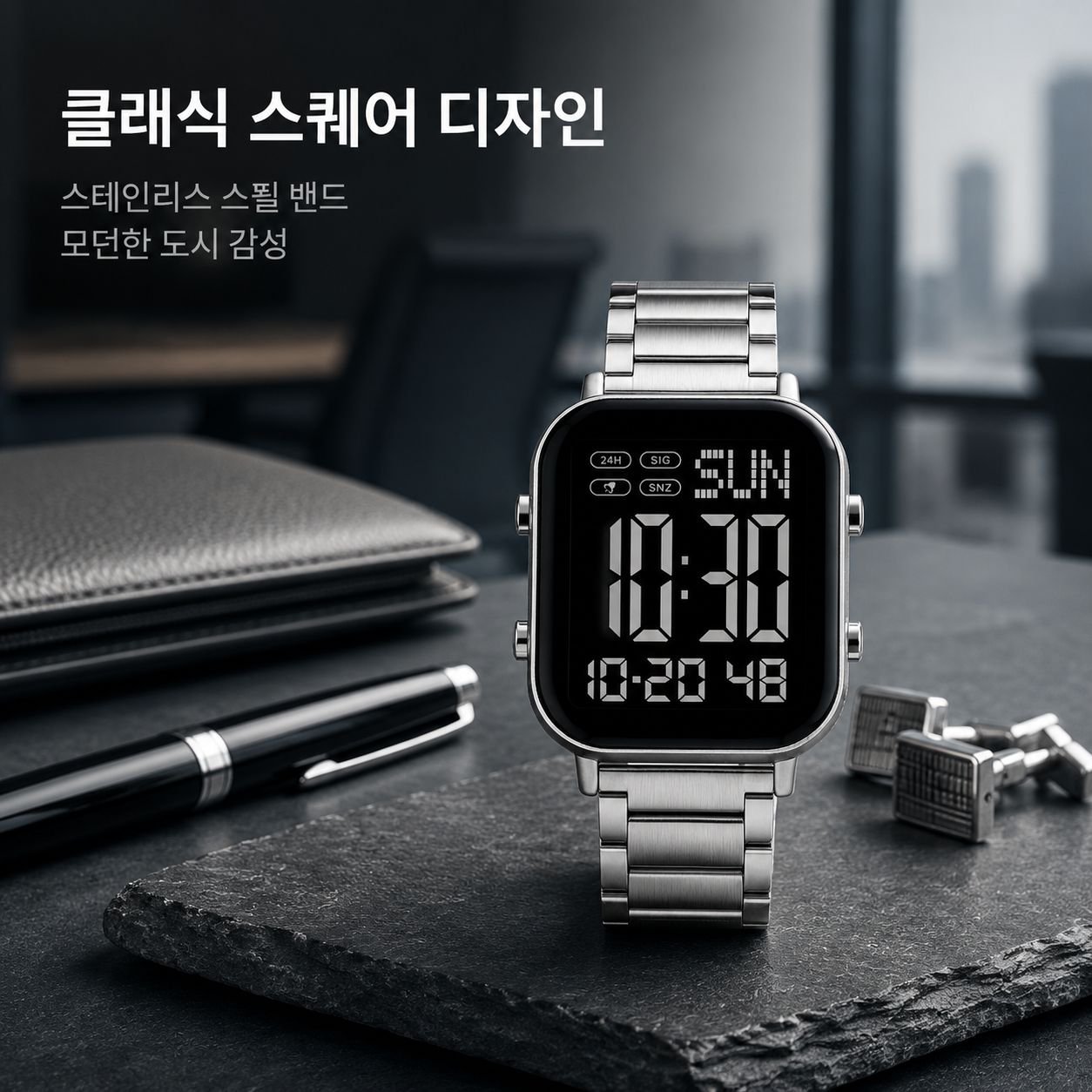 남성용 사각 전자시계 (스틸 밴드)