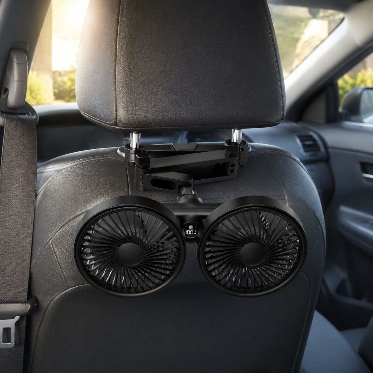 Ventilador de coche de doble cabezal para asiento trasero, potencia fuerte y diseño telescópico