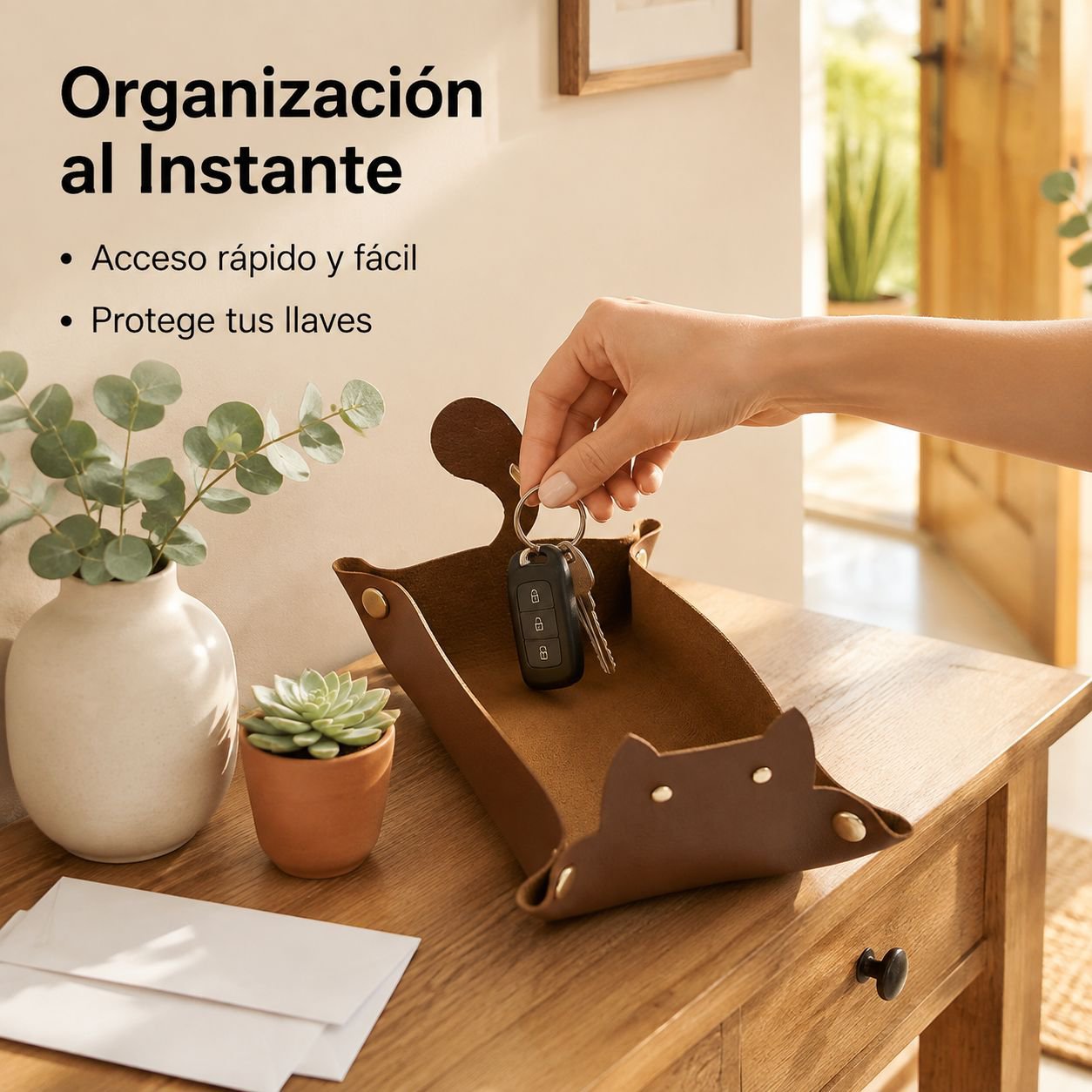 Caja de cuero para guardar llaves en la entrada.