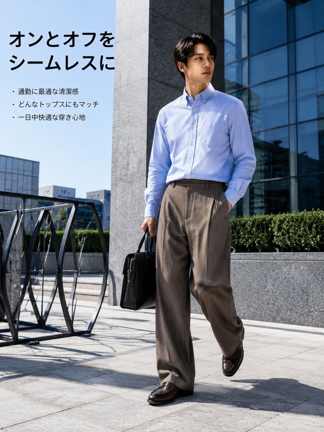 ドレープ感のあるメンズワイドレッグカジュアルパンツ。夏に最適。ゆったりとしたフィット感、ストレートレッグ、通気性、薄手、通勤にも使える万能スタイル。