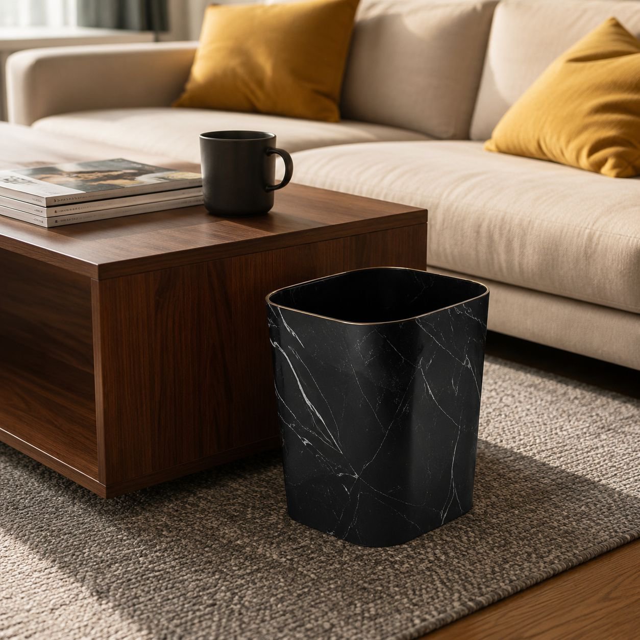 Elegant trash can with marble finish for home use