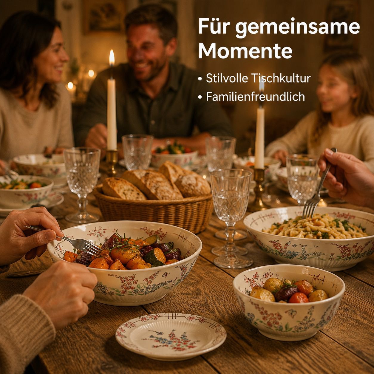 Keramik-Geschirrset im rustikalen Vintage-Landhausstil mit Unterglasurdekoration