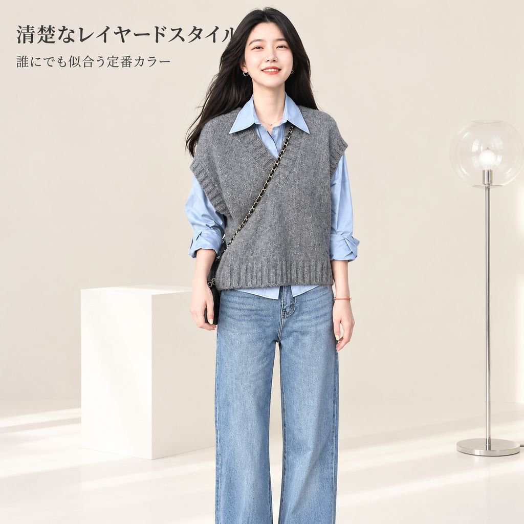 グレー スクールスタイル ニットベスト レディース 秋冬 重ね着 シャツセット