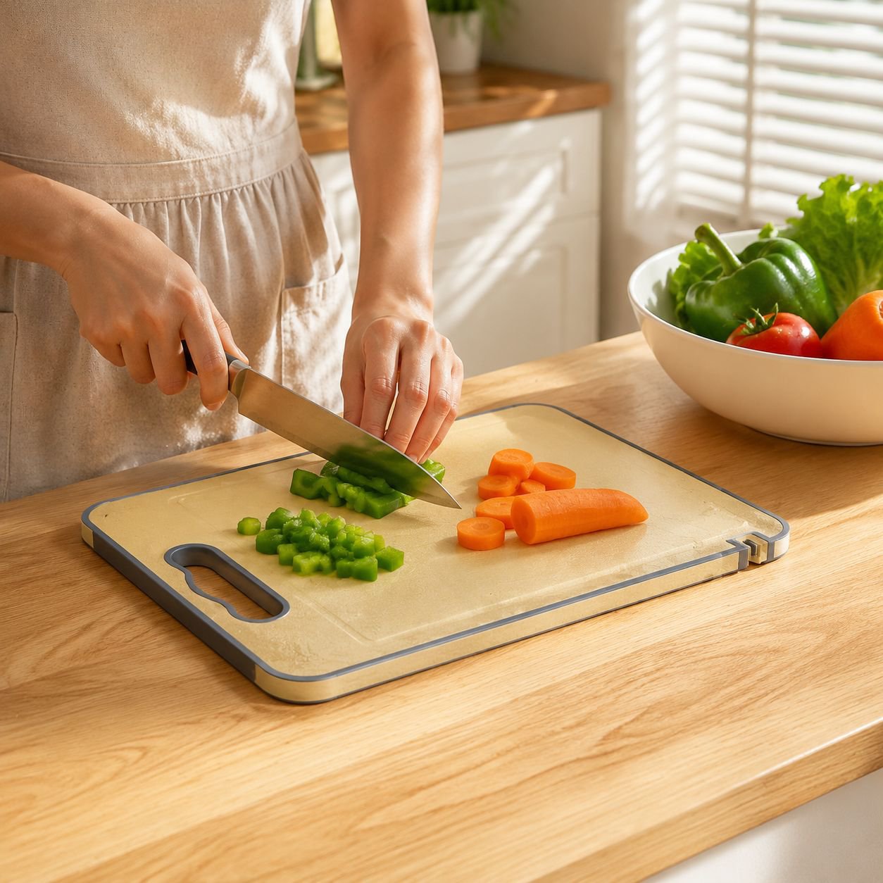 Close-up of built-in knife sharpener on stainless steel cutting board