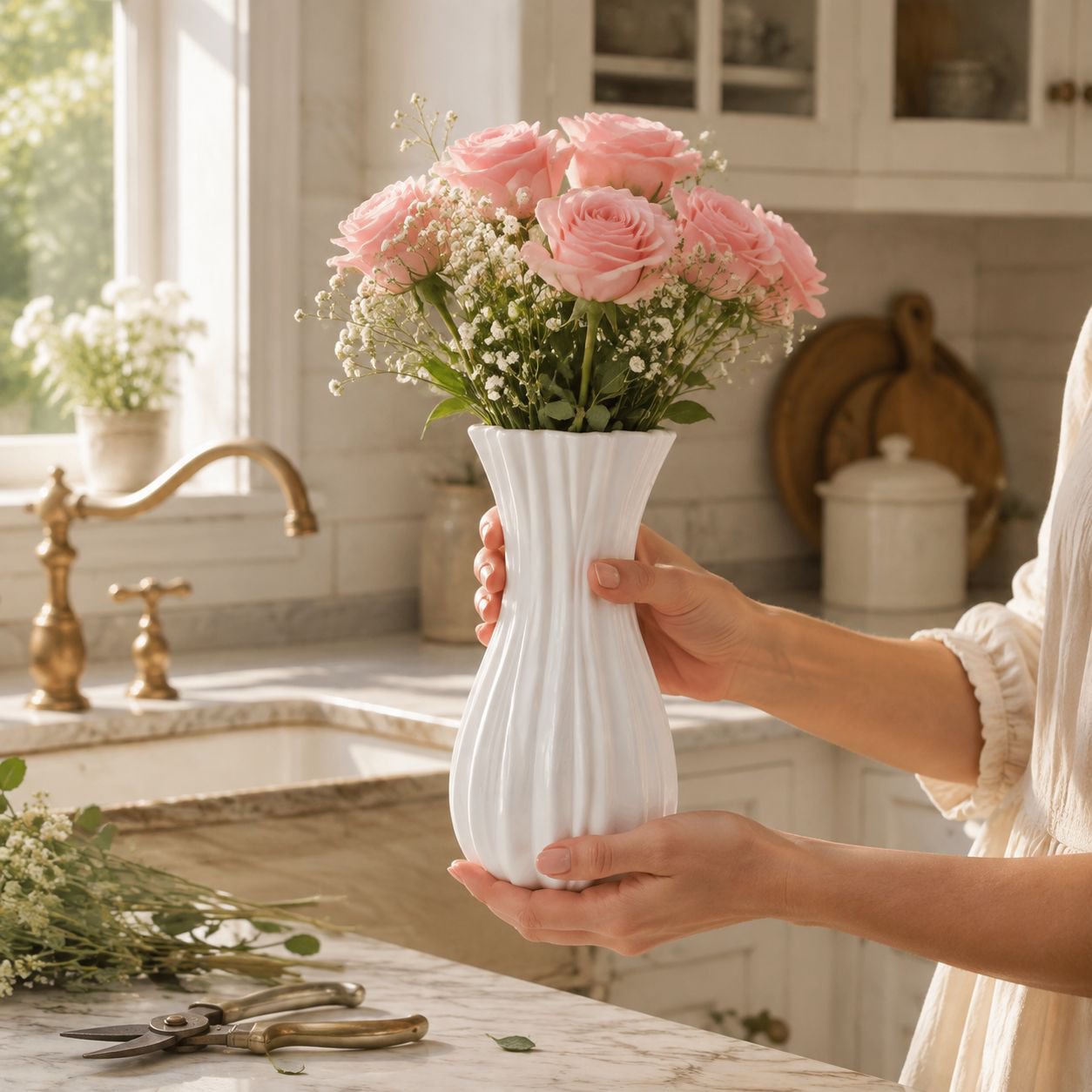 Plastic vase centerpiece with artificial flowers