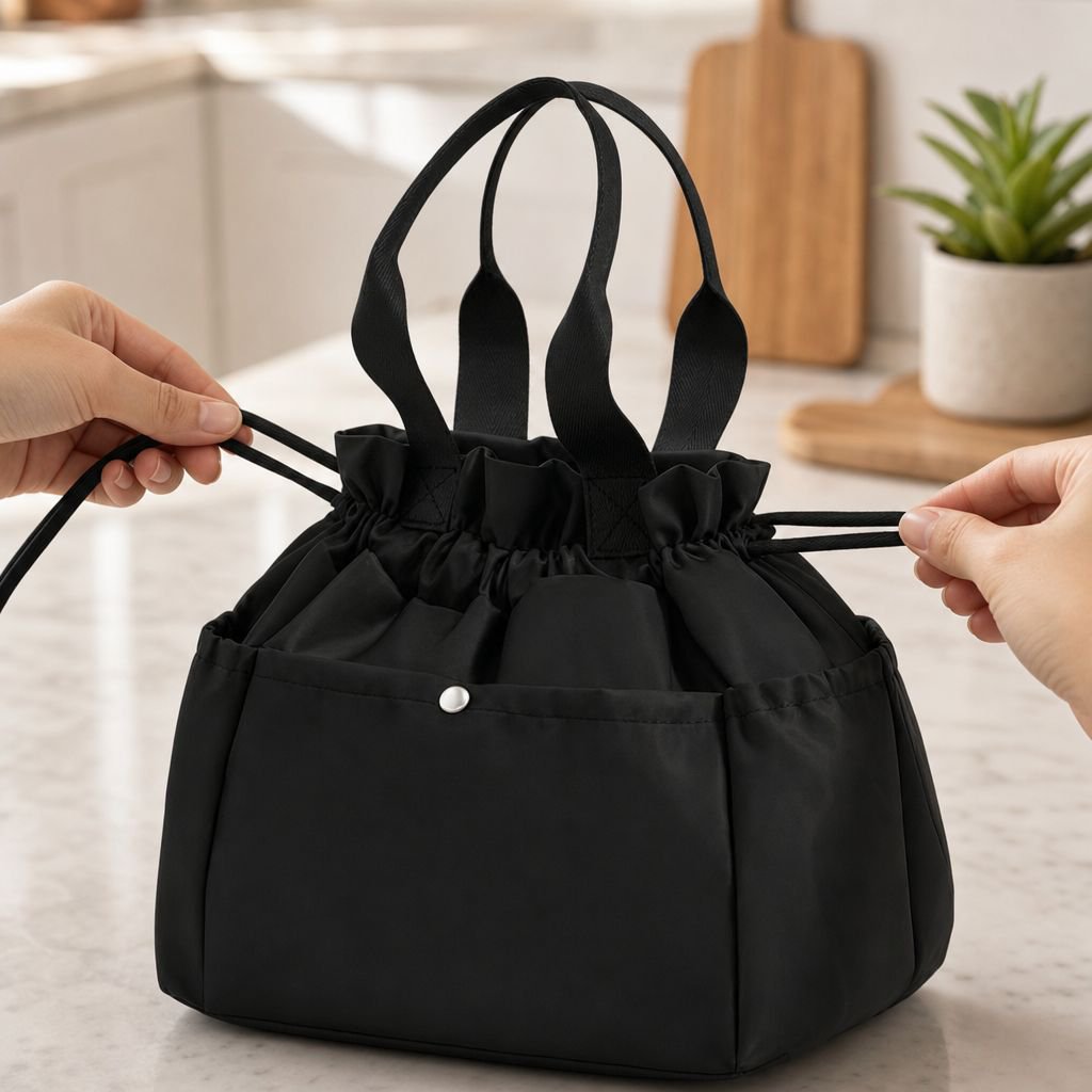 Portable drawstring insulated lunch bag with large capacity