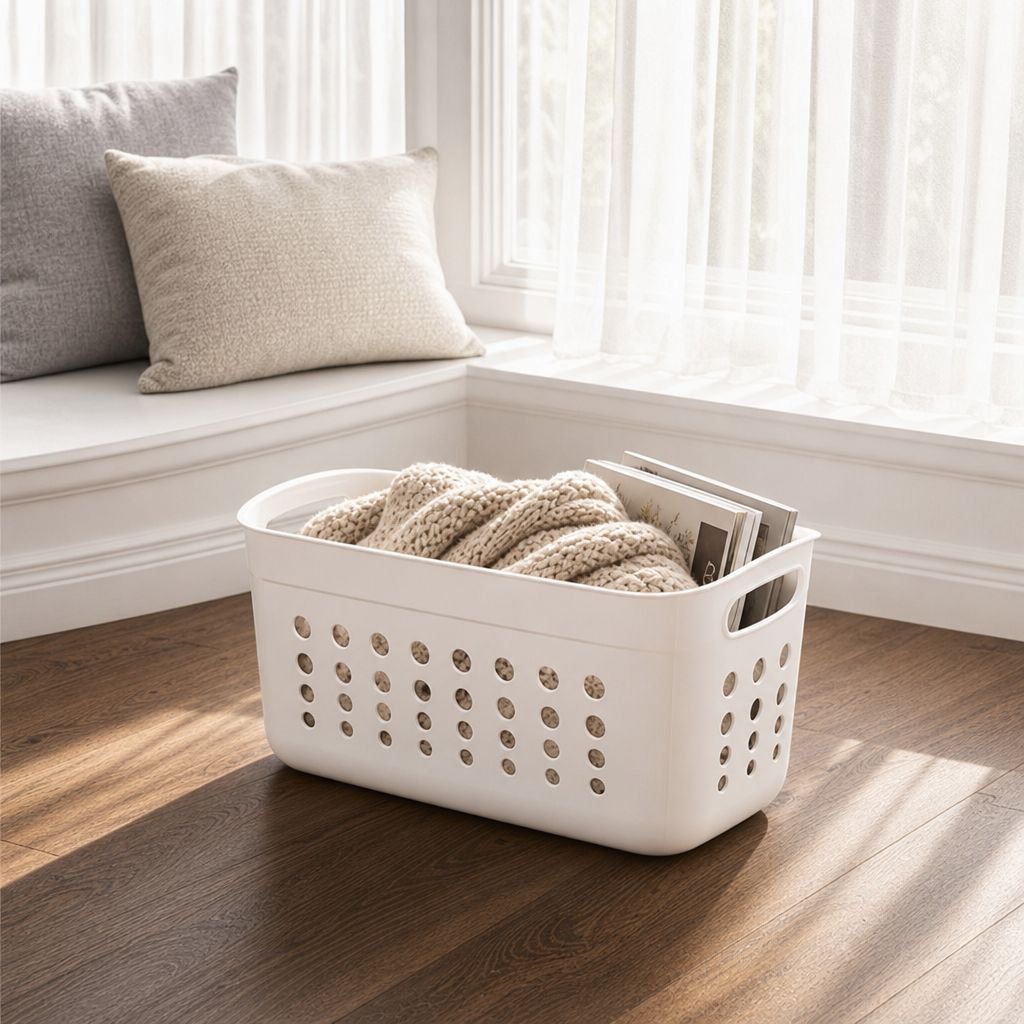 Colorful plastic basket on nursery shelf