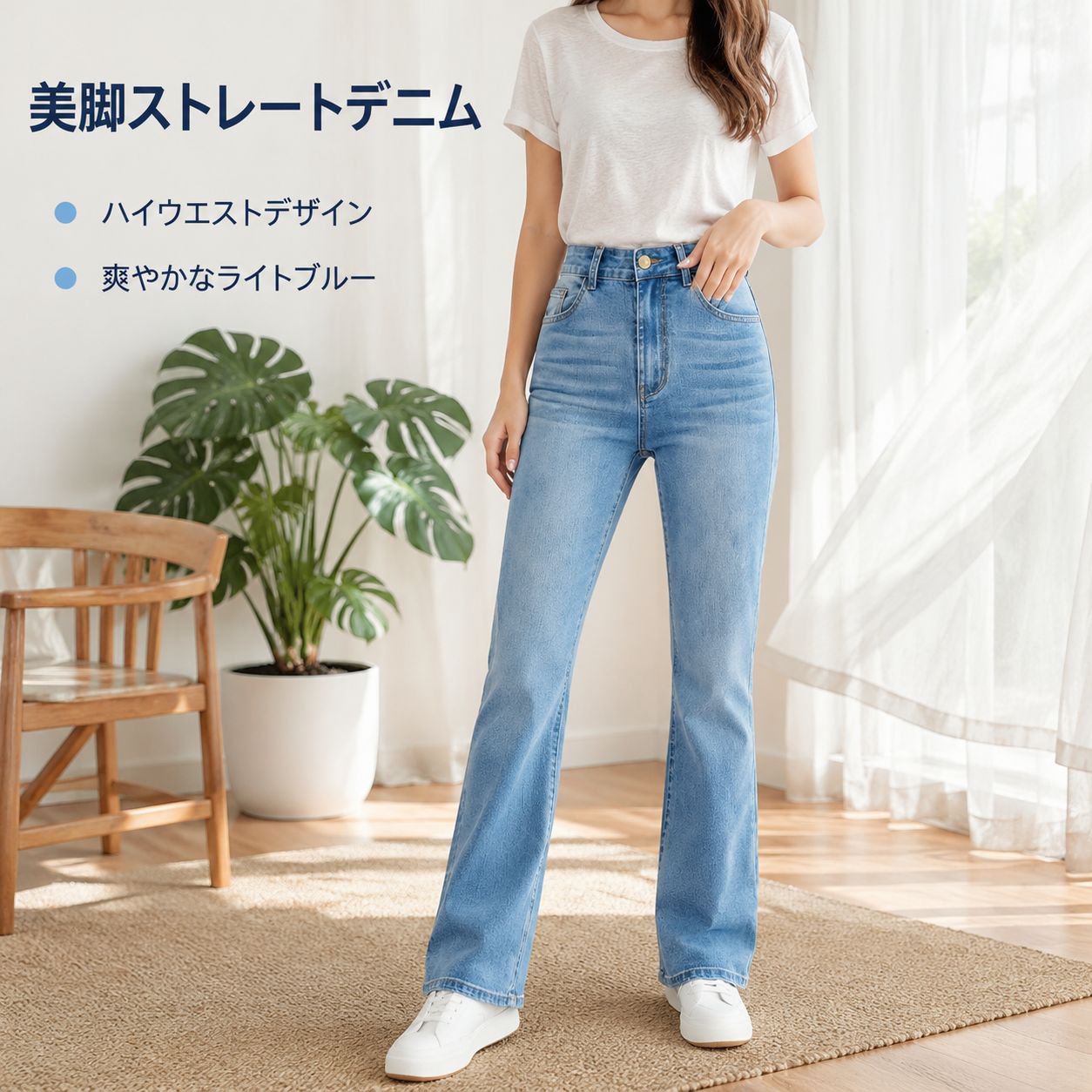ハイウエストストレートスリムレディースライトブルージーンズ