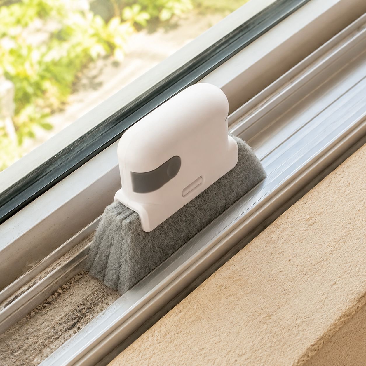Uso del cepillo para limpiar esquinas difíciles en rieles de ventanas
