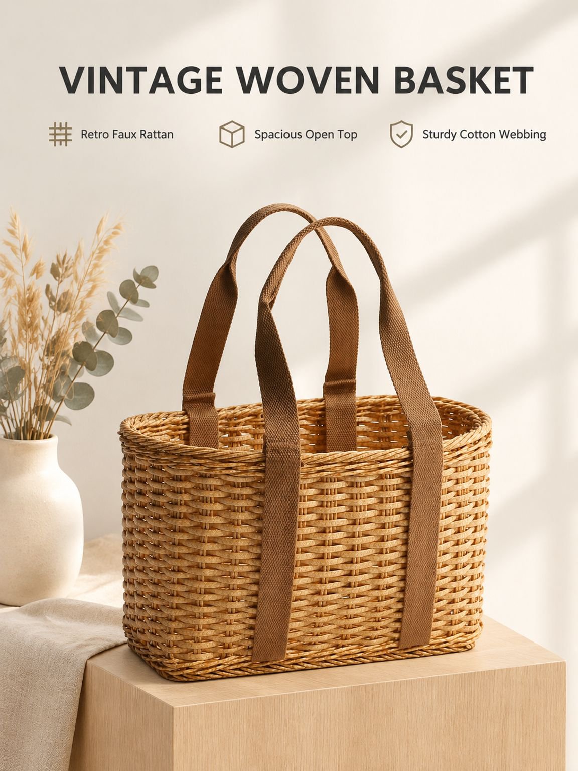 Vintage Rattan-Style Picnic Basket, Outdoor Shopping Basket, Camping Fruit Basket Bag