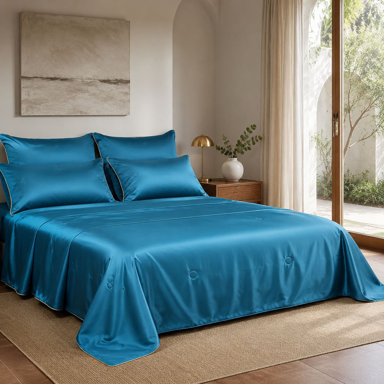 Conjunto de cuatro piezas de colcha de aire acondicionado de seda fría para dormitorio estudiantil