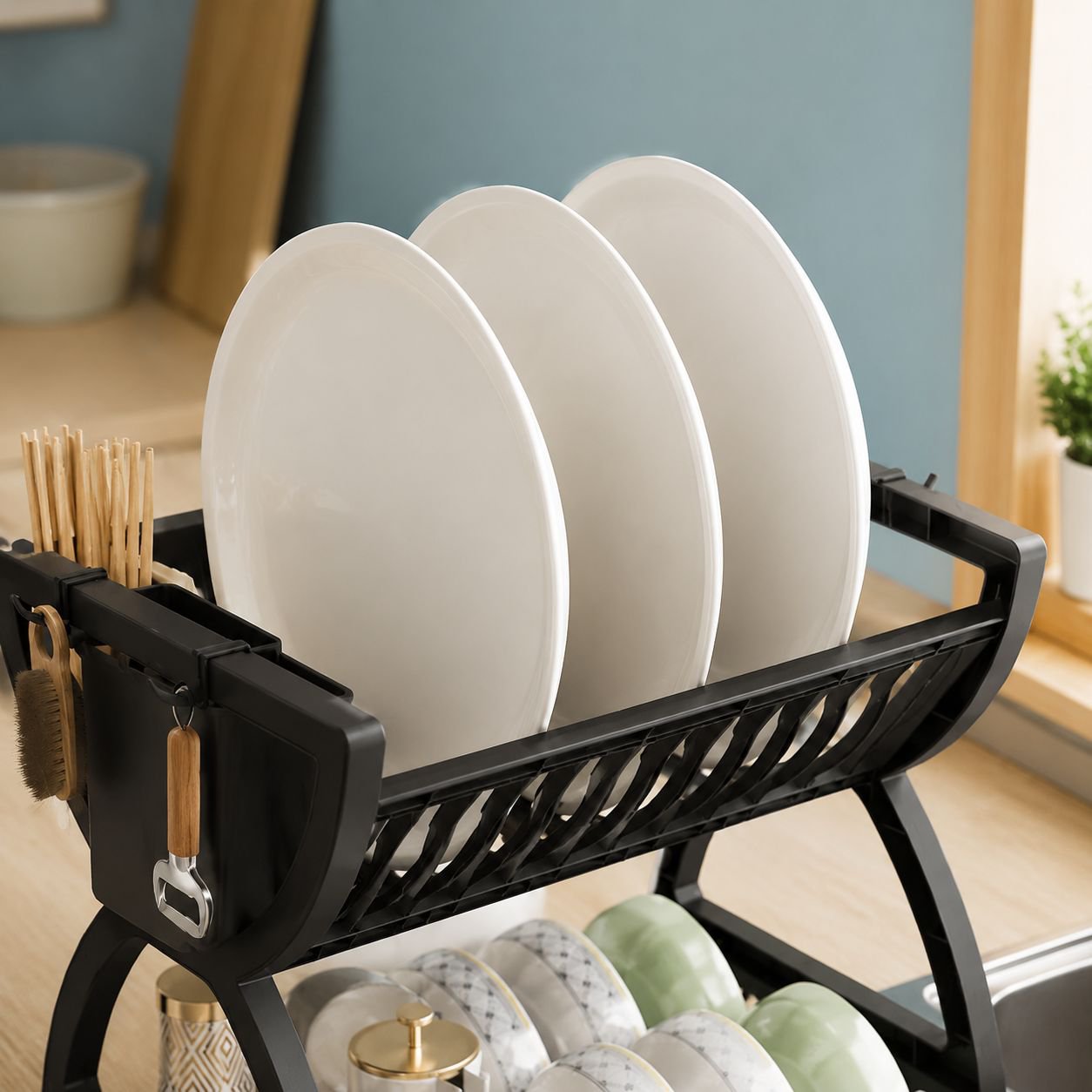 Space-saving kitchen organizer for dishes and utensils
