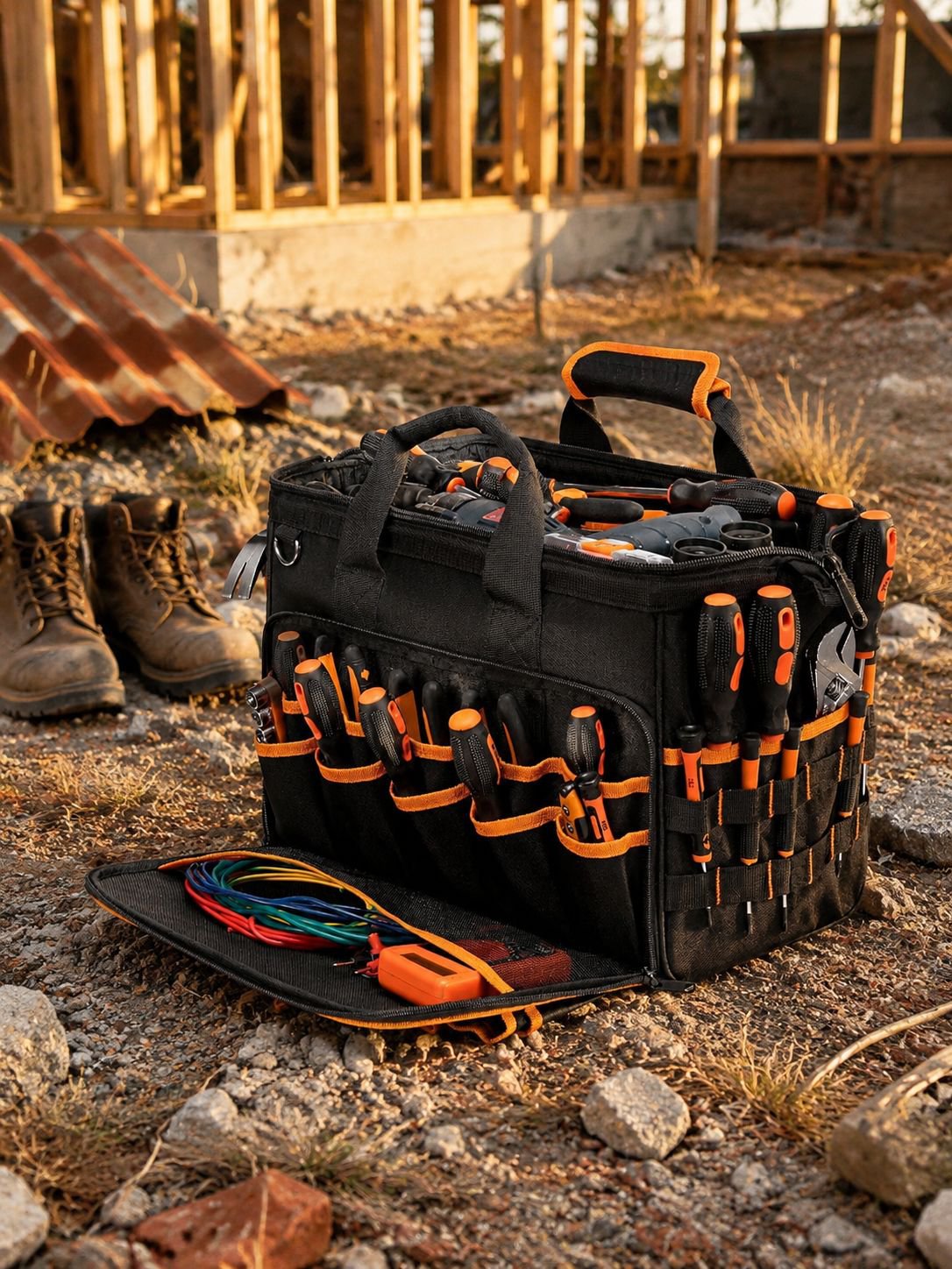 17-inch Heavy Duty Electrician Bag for Men, Foldable Wide-Mouth Storage Bag with Adjustable Shoulder
