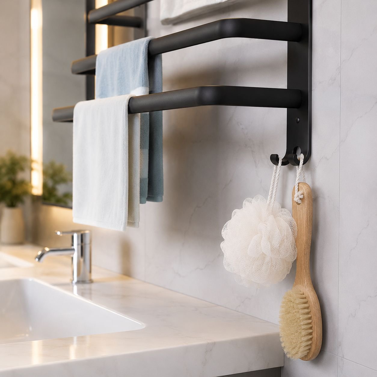 Close-up of no-drill mounting system for towel rack
