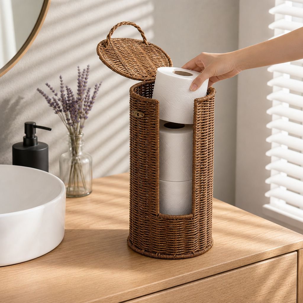 Home & Guesthouse Round Rattan-style Storage Bin with Lid for Toilet Paper and Towels